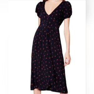 Betsey Johnson Cherry Print Puff Sleeve Midi Dress Black Red Size M NWT